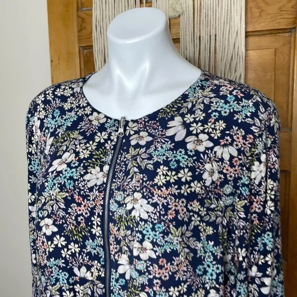 Fever Blue Floral Long Sleeves Zip Up Gathered Hem Relaxed Lightweight Jacket - Picture 12 of 14